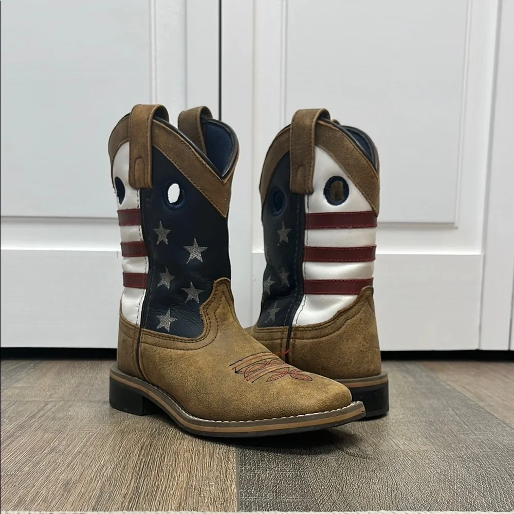 Kids Brown Cowboy Boots with Patriotic Star & Stripe Shaft